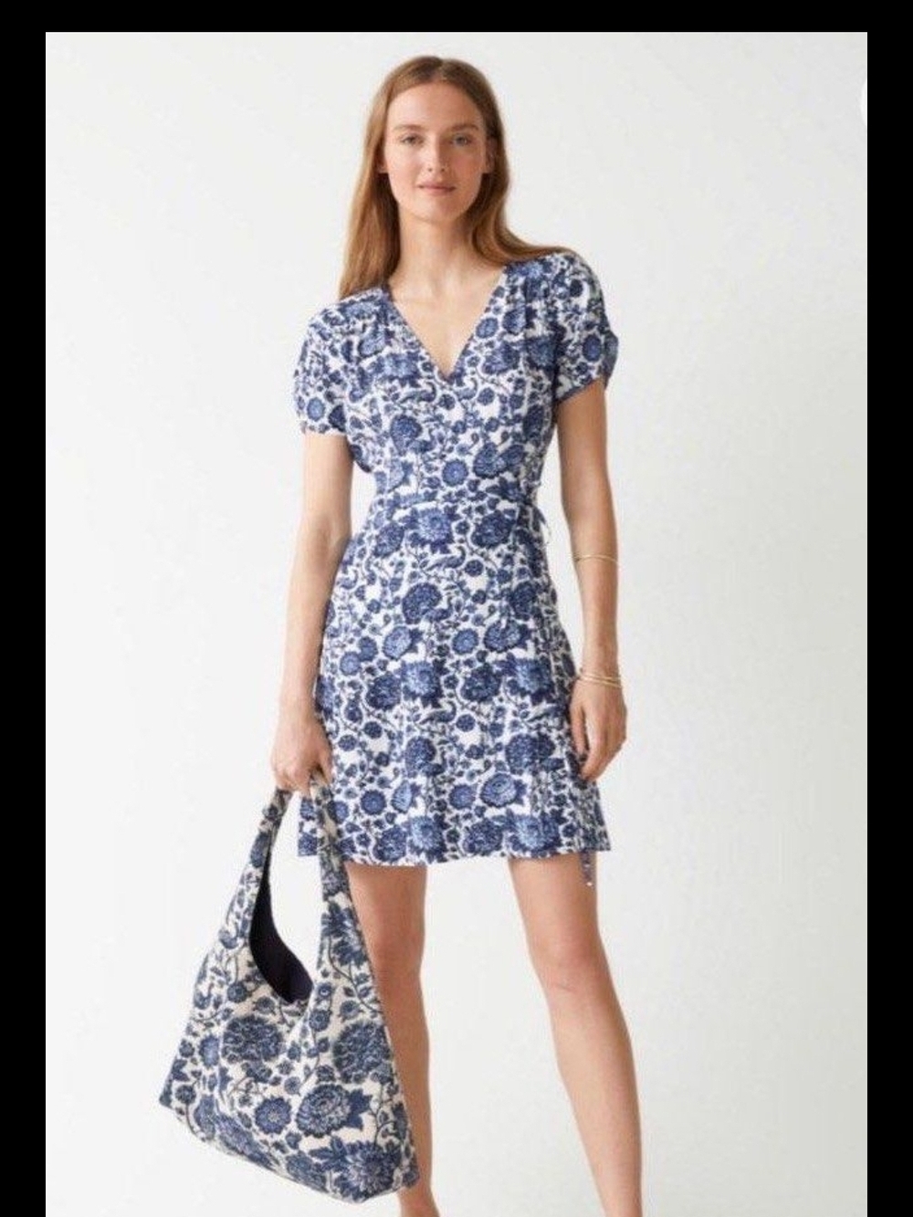 & Other Stories Blue and White Floral Wrap Mini Dress